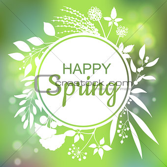 Happy Spring green card design with a textured abstract background and text in square floral frame