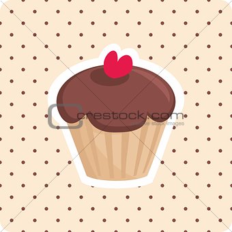 Sweet vector cupcake with red cherry and polka dots background