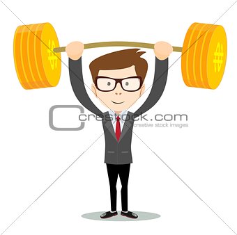 man lifts up heavy barbell with dollar sign.