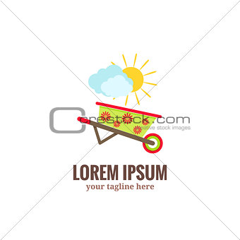 Garden tools logo. Green garden wheelbarrow with red flower drawing, clouds and sun.Flat cartoon style vector illustration
