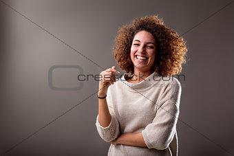happy curly south-american woman laughter