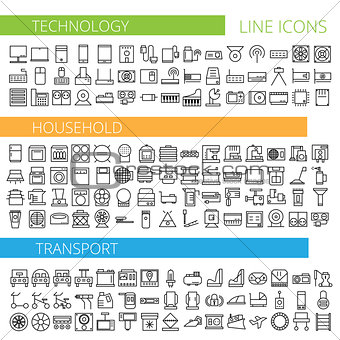 Vector illustration of thin line icons for technology household transport