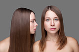 Twins with perfect skin and long straight hair