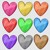Nine matted color heart web buttons on white