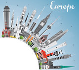 Europe skyline silhouette with different landmarks and copy spac