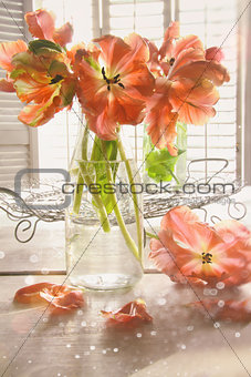 Colorful tulips on table