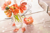 Overhead shot of spring tulips on table
