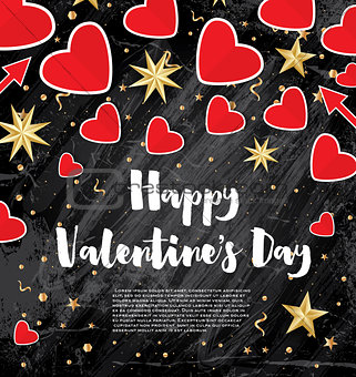 Valentine's Day Card with Red Hearts and Golden Stars.