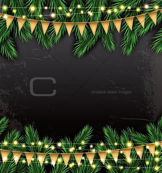 Empty Christmas Template with Fir Branches, Neon Garlands and Fl