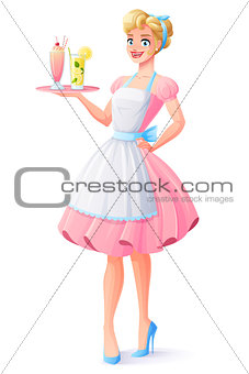 Vector housewife with apron holding tray with milkshake and lemonade.