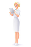 Vector medical nurse in uniform using touch pad tablet computer.