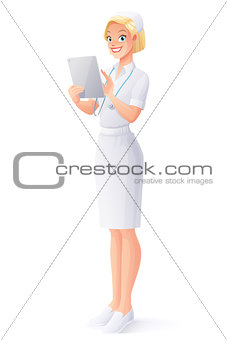 Vector medical nurse in uniform using touch pad tablet computer.