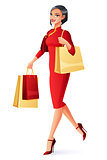 Beautiful Chinese Asian woman walking with shopping bags. Vector illustration.