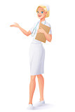 Vector medical nurse in uniform with clipboard and stethoscope presenting.