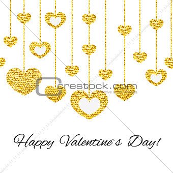 Happy valentines day card with golden glitter heart seamless garland isolated on white background.