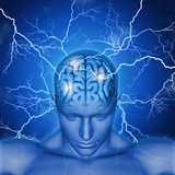 3D male head and brain with lightening
