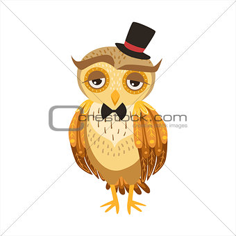 Gentleman Owl In Top Hat Cute Cartoon Character Emoji With Forest Bird Showing Human Emotions And Behavior