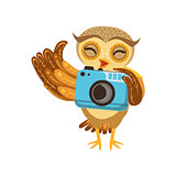 Tourist Owl With Camera Cute Cartoon Character Emoji With Forest Bird Showing Human Emotions And Behavior