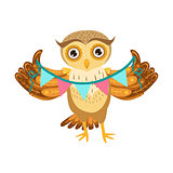Owl Holding Paper Garland Cute Cartoon Character Emoji With Forest Bird Showing Human Emotions And Behavior