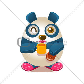 Cute Panda Activity Illustration With Humanized Cartoon Bear Character Drinking Tea And Eating Cookie In Slippers