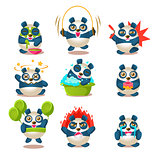 Cute Panda Emotions And Activities Collection With Humanized Cartoon Panda Character Doing Different Day-to-day Things
