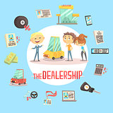 Car Dealership Firm Professional Dealer Selling The Vehicle To The Young Couple Illustration With Different Car Dealing Icons Around