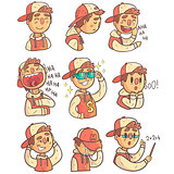 Boy In Cap And College Jacket Collection Of Hand Drawn Emoji Cool Outlined Portraits