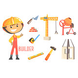 Boy Builder, Kids Future Dream Construction Worker Professional Occupation Illustration With Related To Profession Objects
