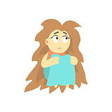 Sad Girl With Bushy Hair Sitting Feeling Blue, Part Of Depressed Female Cartoon Characters Series