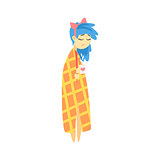 Sad Girl With Blue Hair Wrapped In Blanket With Hot Drink Feeling Blue, Part Of Depressed Female Cartoon Characters Series
