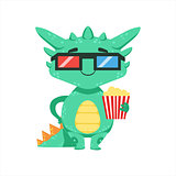 Little Anime Style Baby Dragon In Movie Theatre In 3D Glasses Cartoon Character Emoji Illustration