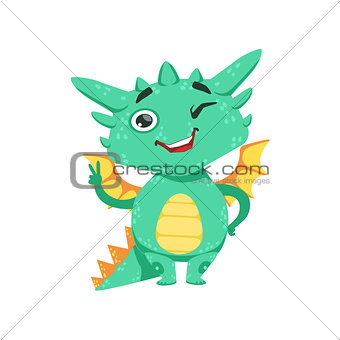 Little Anime Style Baby Dragon Winking And Showing Peace Gesture Cartoon Character Emoji Illustration