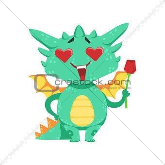 Little Anime Style Baby Dragon In Love Holding Single Red Rose Cartoon Character Emoji Illustration