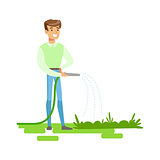 Man Watering Plants With Hose , Contributing Into Environment Preservation By Using Eco-Friendly Ways Illustration