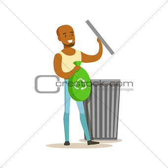 Man Throwing Waste In Recycling Bag , Contributing Into Environment Preservation By Using Eco-Friendly Ways Illustration.