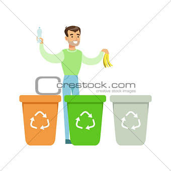 Man Throwing Banana Skin In One Of Three Recycling Waste Bins , Contributing Into Environment Preservation By Using Eco-Friendly Ways Illustration