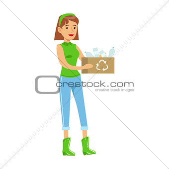Woman Carrying A Crate WIth Recyclable Plastic Waste , Contributing Into Environment Preservation By Using Eco-Friendly Ways Illustration