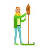 Man Instralling Bird House , Contributing Into Environment Preservation By Using Eco-Friendly Ways Illustration