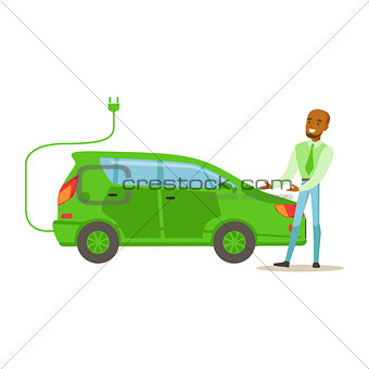 Man Demonstrating Green Electric Car , Contributing Into Environment Preservation By Using Eco-Friendly Ways Illustration