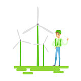 Man In Hard Hat Standing Next To Wind Power Turbines , Contributing Into Environment Preservation By Using Eco-Friendly Ways Illustration
