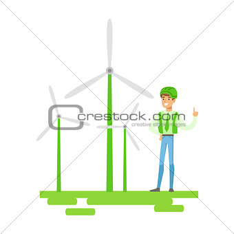 Man In Hard Hat Standing Next To Wind Power Turbines , Contributing Into Environment Preservation By Using Eco-Friendly Ways Illustration