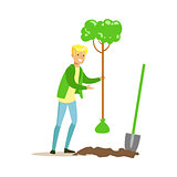 Man Planting A Tree , Contributing Into Environment Preservation By Using Eco-Friendly Ways Illustration