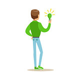 Man Holding A Green Energy Lamp , Contributing Into Environment Preservation By Using Eco-Friendly Ways Illustration