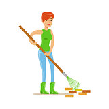 Woman Raking The Garbage During Clean Up, Contributing Into Environment Preservation By Using Eco-Friendly Ways Illustration