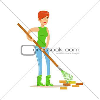 Woman Raking The Garbage During Clean Up, Contributing Into Environment Preservation By Using Eco-Friendly Ways Illustration