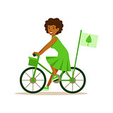 Woman On Bicycle Using Green Transportation , Contributing Into Environment Preservation By Using Eco-Friendly Ways Illustration