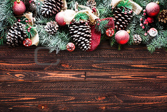 Merry Christmas Frame with Snow and real wood green pine