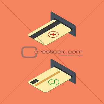 How to insert credit card into the ATM, vector illustration.