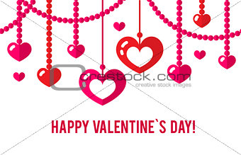 Happy valentines day card with red flat heart seamless garland isolated on white background.