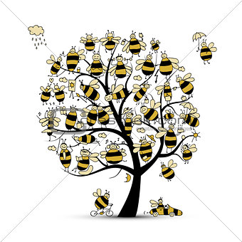 Art tree with family bees, sketch for your design